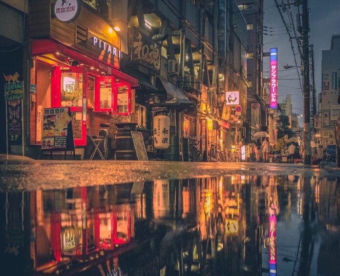 japan rainy street cafe shop