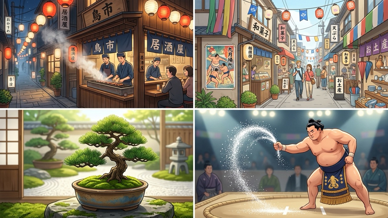 苔と鉢に囲まれた美しい盆栽