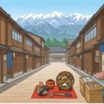 北陸の古い町並み、海の幸、山の景色をイメージした旅の画像