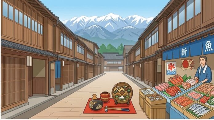 北陸の古い町並み、海の幸、山の景色をイメージした旅の画像