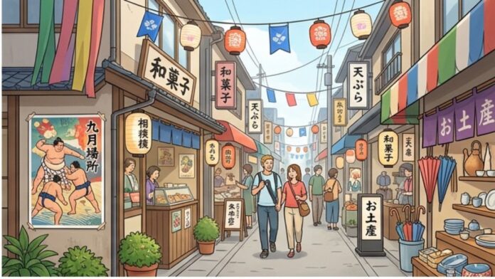 相撲文化を感じる日本の商店街