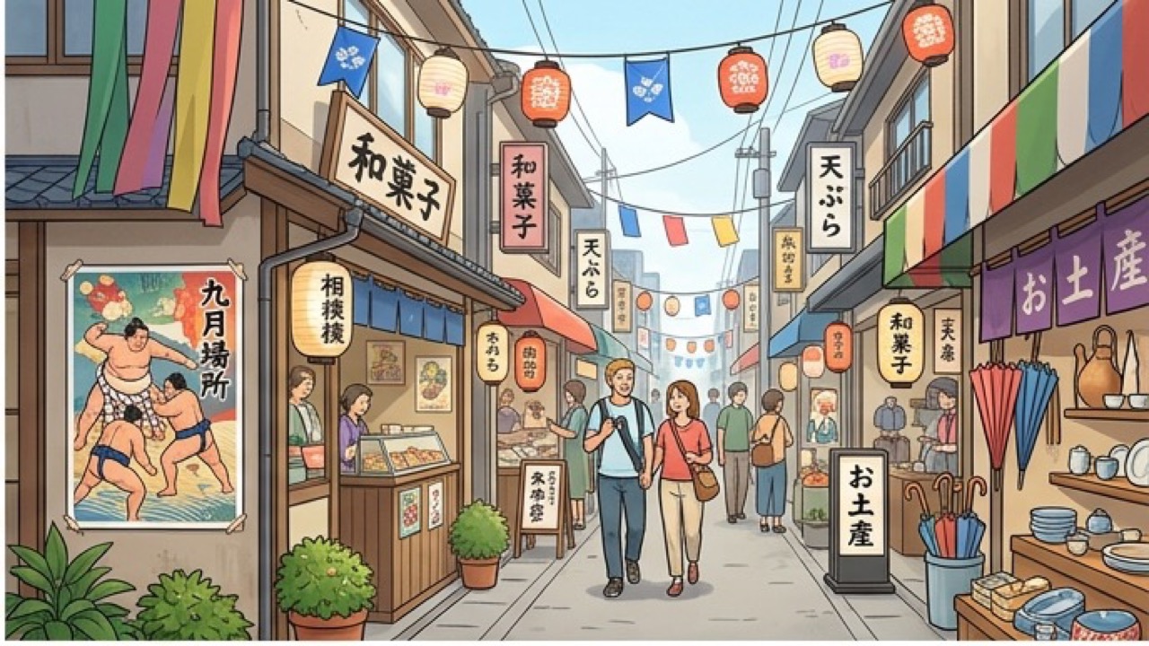 相撲文化を感じる日本の商店街
