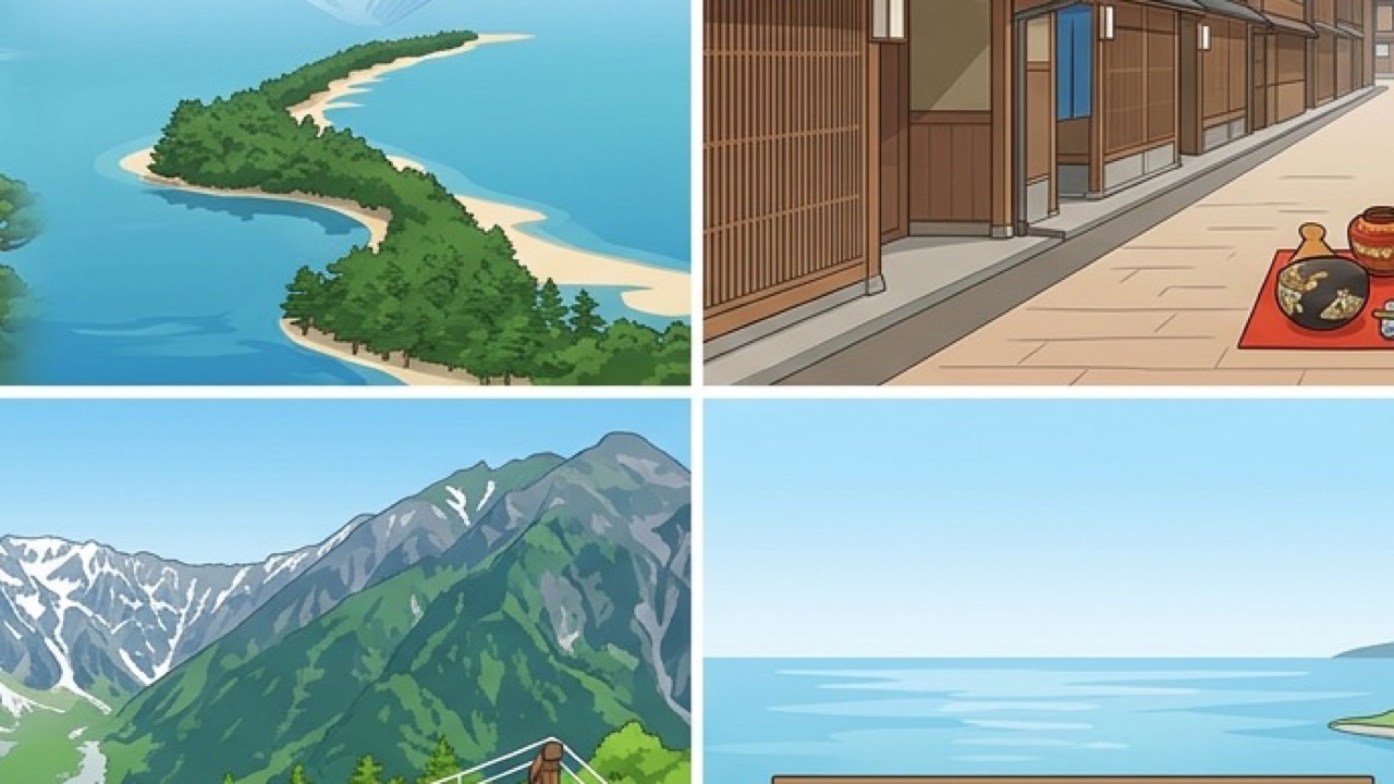 松島、宮島、富士山と湖など日本の美しい景色をイメージした旅の画像