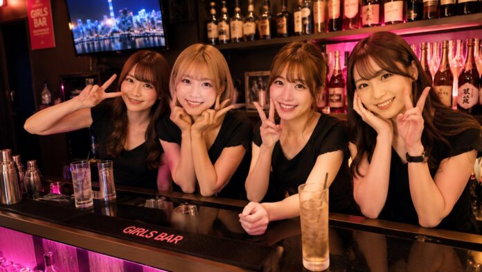 Four staff members behind the counter at a Japanese girls bar