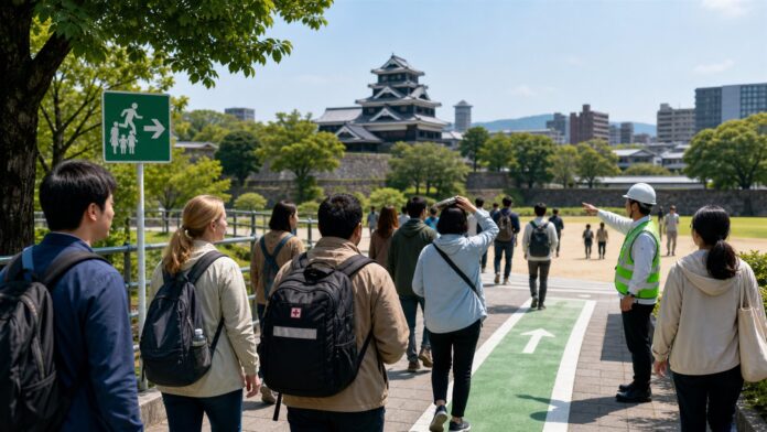 International visitors following an earthquake evacuation route near Kumamoto Castle