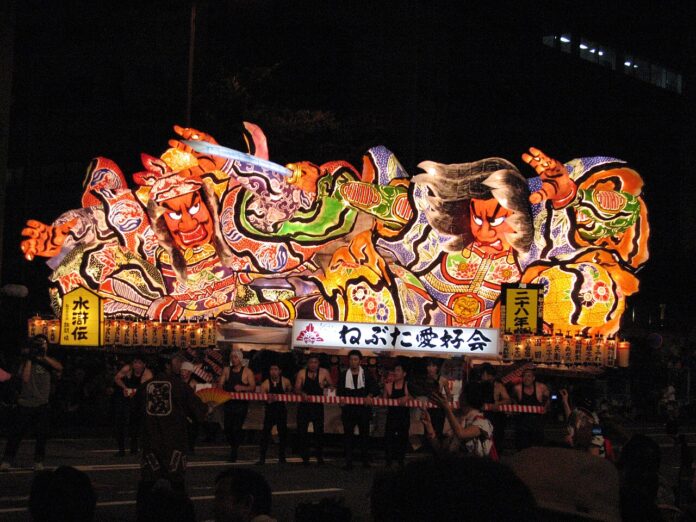 Aomori Nebuta Festival illuminated float paraded at night, Tohoku