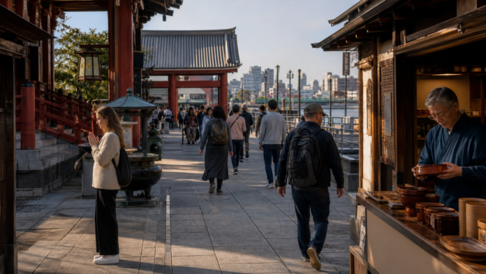 Visitors move respectfully through an early-morning Asakusa temple-town approach, with shops opening and a clear pedestrian route toward the river.