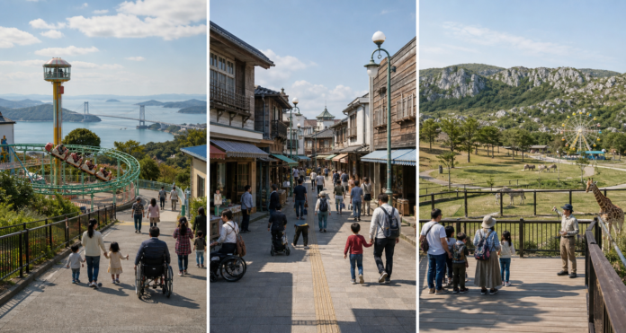 Three family choices in western Honshu: a seaside hillside amusement park, a reconstructed Showa street and a supervised safari park beside limestone hills.