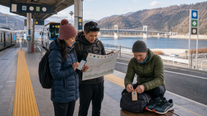 Three recreational runners at a regional Japanese rail and bus interchange compare an icon-only course and cutoff plan, phone calendar, baggage and running shoes beside a clear tactile path, water and bridge