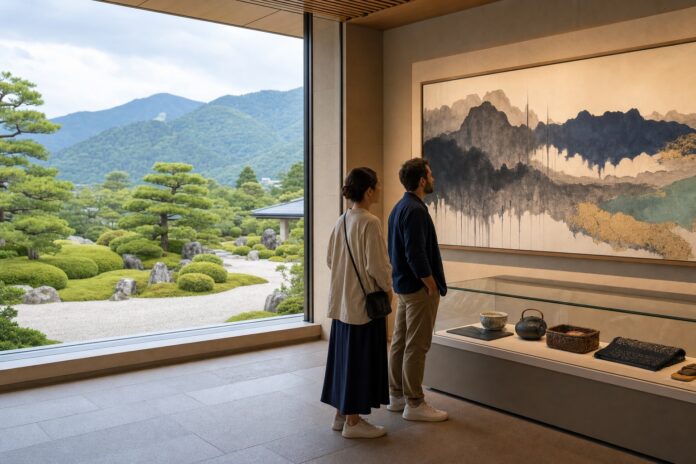 中国地方の美術館で日本画と庭園を鑑賞する旅行者