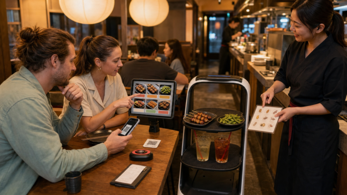 Adult travelers use a picture tablet and QR menu as an izakaya delivery robot arrives and a human staff member offers allergen help