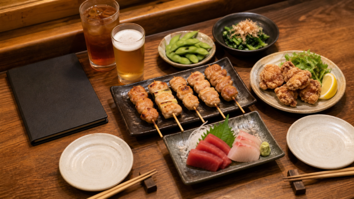 A balanced first izakaya order with fully cooked yakitori, karaage, edamame, vegetables, sashimi, two individual plates, beer and oolong tea