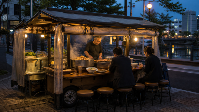 A mobile Fukuoka yatai beside the river with eight stools, a cook, steaming oden, fully cooked yakitori, ramen, gyoza and a running-water sink