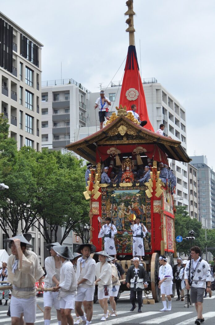Gion Festival Yamahoko float parade through the streets of Kyoto, Kansai region