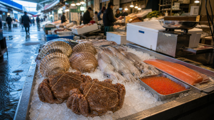 Hokkaido seafood market counter with hair crab, scallops, squid, salmon roe and salmon on ice beside a scale