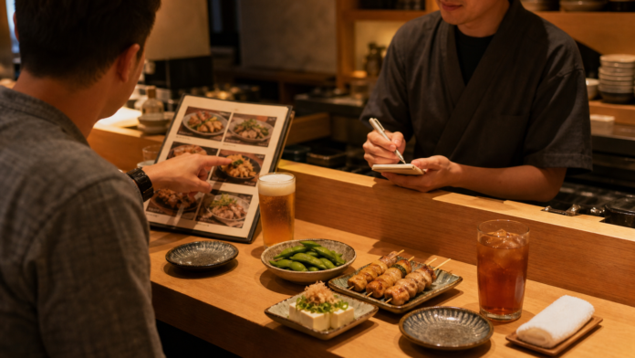 Traveler points to an izakaya picture menu while staff confirms an order beside shared dishes, beer and oolong tea
