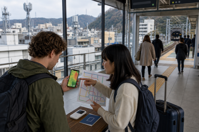 Travelers compare an abstract mobile coverage map with a rail route at a Japanese station where cellular antennas and a rural tunnel are visible.