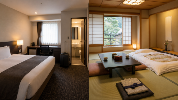 日本のコンパクトなビジネスホテル客室と畳の旅館客室