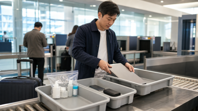 Traveler placing a laptop, liquids bag, phone and power bank into trays at a Japanese airport security checkpoint