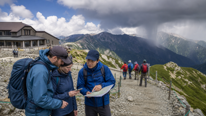 Travelers and a mountain staff member check weather beside a marked Japan Alps trail as rain approaches a distant ridge