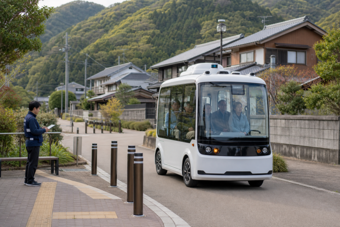 A compact low-speed autonomous shuttle carries seated passengers along a designated route in a Japanese community while a mobility-service worker monitors operations