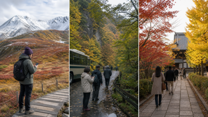 Three seasonal Japan scenes show early alpine foliage, a wet northern gorge with local transport, and a late-autumn temple approach