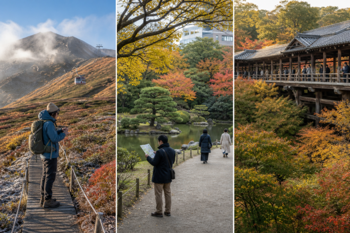 Three-panel Japan autumn foliage scene showing Asahidake alpine shrubs and ropeway, a Tokyo daimyo garden pond and Tofukuji-style Kyoto bridge and maple valley