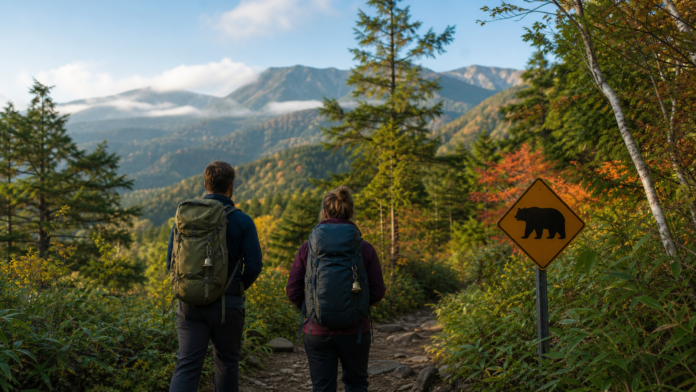 クマ注意標識のある日本の登山道を歩く二人の旅行者