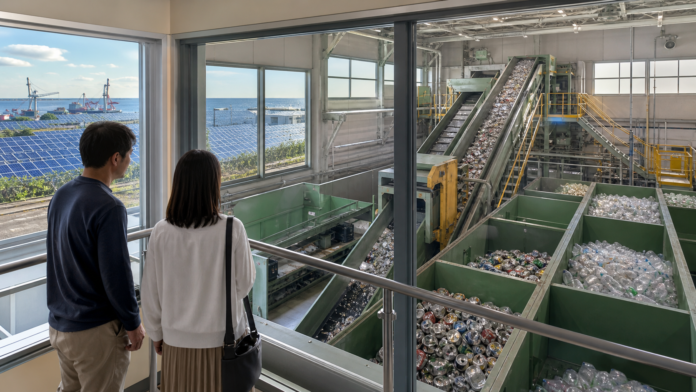 Visitors observe a modern resource-sorting line through safety glass with solar panels visible in a Tokyo Bay industrial setting