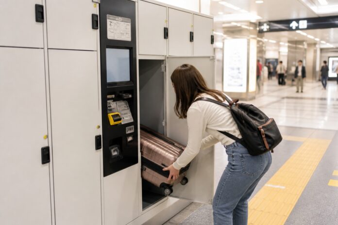 日本の駅の大型コインロッカーへスーツケースを入れる旅行者