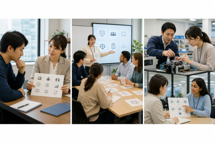Three-panel Japanese company employment guide showing an applicant reviewing conditions with HR, an inclusive onboarding workshop, and supervised OJT with career planning