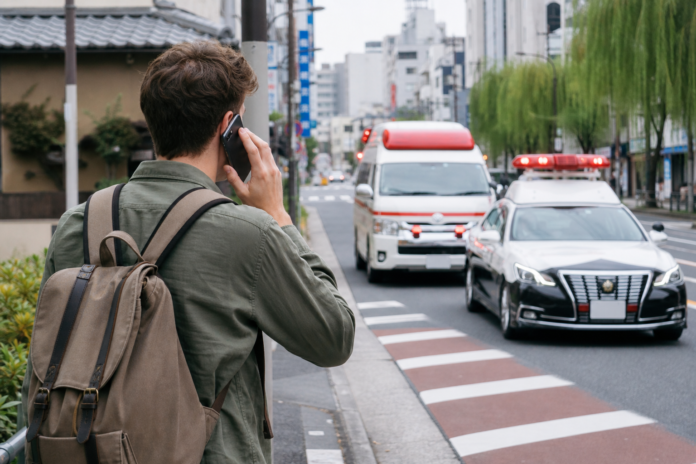 日本旅行中にスマートフォンで緊急通報する旅行者と救急車・警察車両