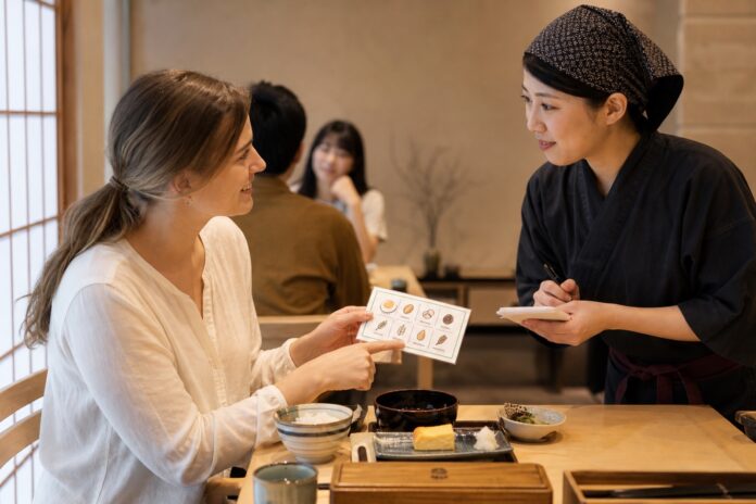 日本の飲食店でアレルギーカードを示す旅行者