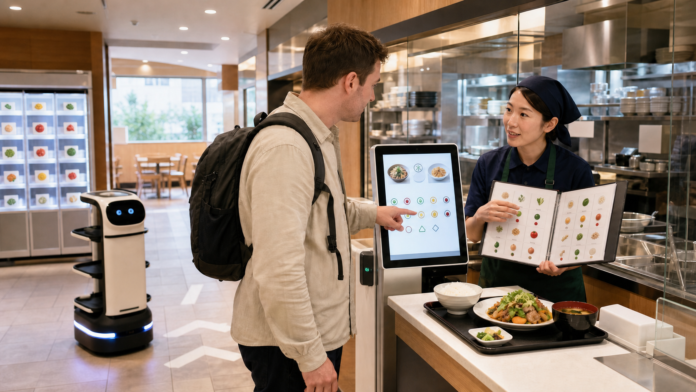 A traveler confirms ingredient information with Japanese restaurant staff beside an ordering kiosk while a serving robot assists in the background