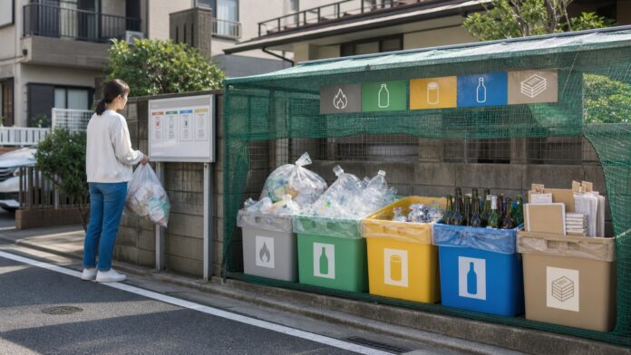 Sorted household waste at a neighborhood collection point in Japan
