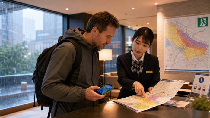 An international traveler and Japanese hotel staff member review a local hazard map and official rain information safely inside during heavy rain