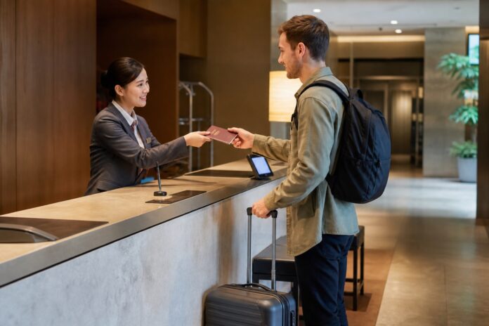 日本のホテルでパスポートを提示してチェックインする旅行者