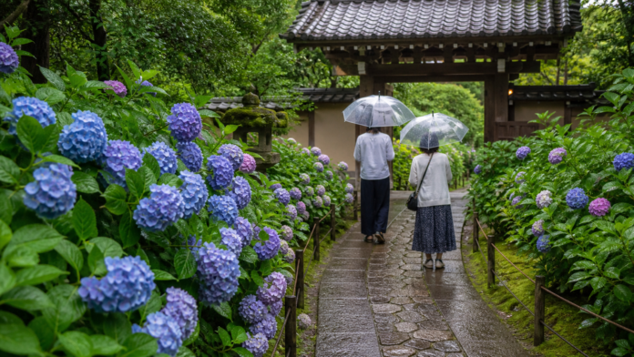 Visitors with umbrellas follow a wet Japanese temple garden path bordered by blue and purple hydrangeas