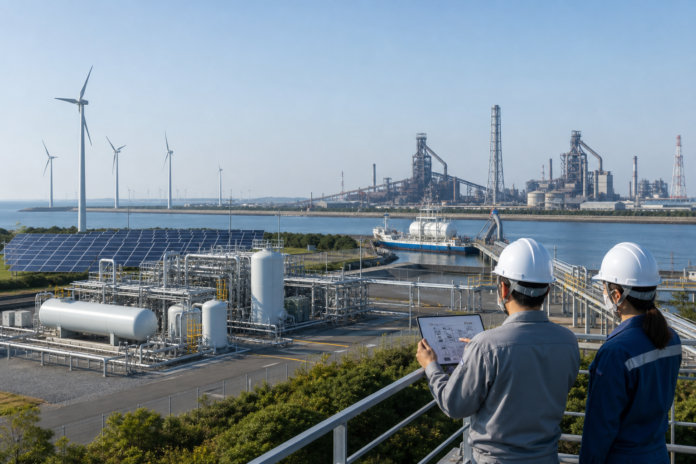 Japanese coastal hydrogen supply chain with renewable-powered production equipment, storage, coastal transport, industrial use and two engineers reviewing the process