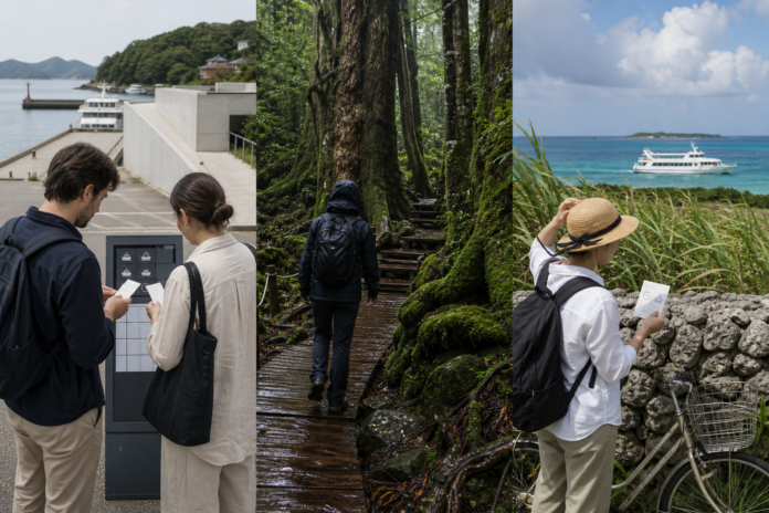 Three-panel practical Japan island travel scene showing Naoshima ferry and timed art planning, wet Yakushima forest hiking, and windy Hateruma ferry and bicycle planning