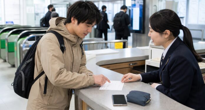 日本の駅窓口で遺失物について確認する旅行者