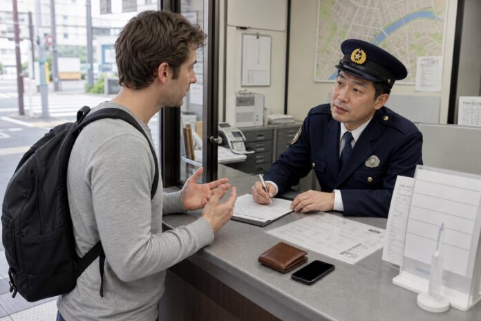 日本の交番で遺失物を届け出る旅行者