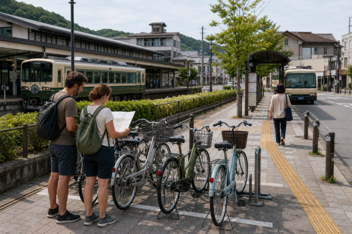 Travelers compare a route map beside an orderly bicycle port connecting a Japanese regional railway station and local bus stop