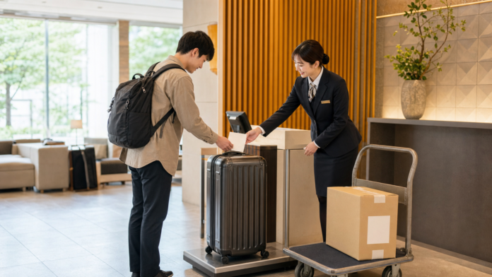 日本でホテルから次の宿泊先へスーツケースを配送する旅行者