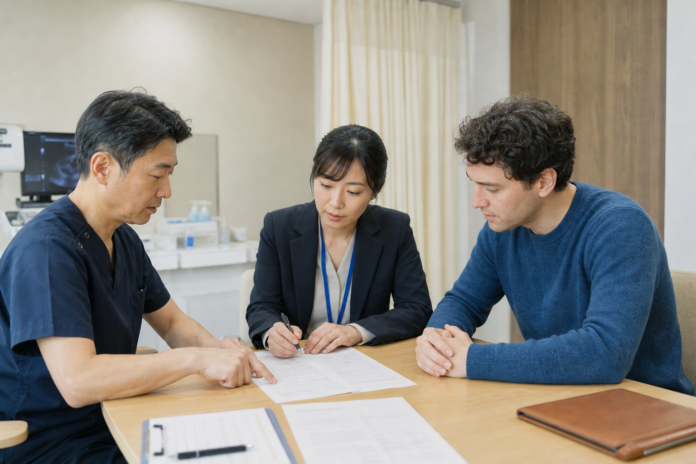 A Japanese clinician and medical interpreter review consent documents with an international visitor