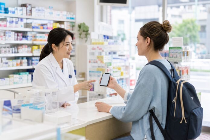 日本の薬局で薬剤師に相談する旅行者