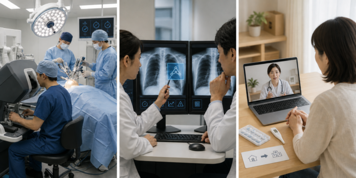 Three-panel medical technology guide showing a human-operated surgical-assistance system, clinicians reviewing an AI-supported chest image, and a patient in a video consultation