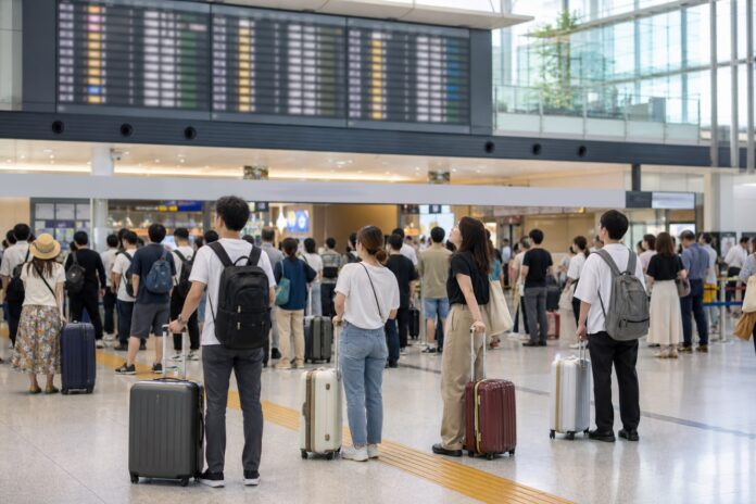 お盆期間の混雑した日本の駅で案内を確認する旅行者