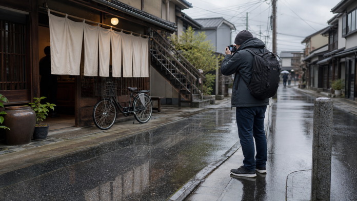 Photographer uses soft overcast light and wet reflections on a Japanese neighborhood street without blocking a shop or photographing residents