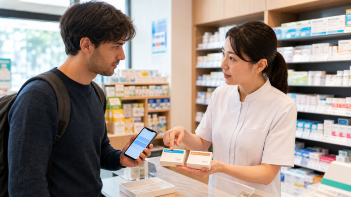International traveler asking a Japanese pharmacist about over-the-counter medicine